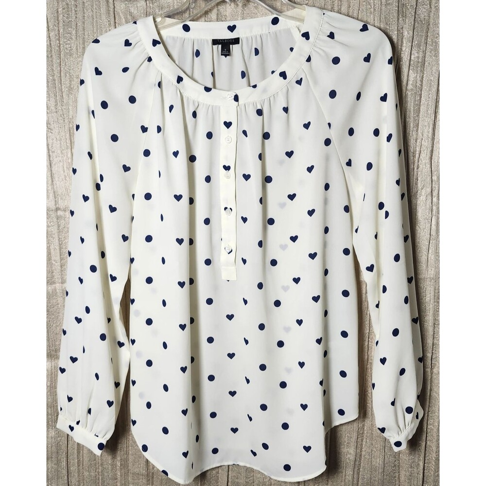 Talbots Small White Black Polka Dot Heart Button Up Balloon Sleeve Professional